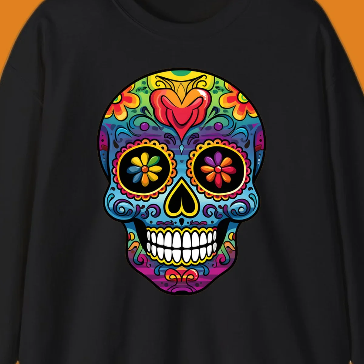 A vibrant floral sugar skull illustration, or calavera, adorned with intricate flowers, hearts, and swirling patterns in a rainbow of bright colors.