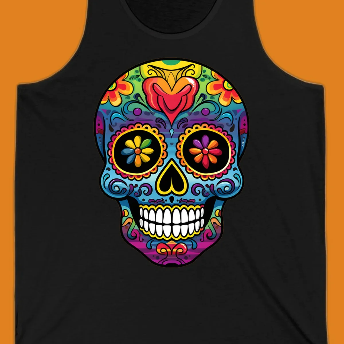 A vibrant floral sugar skull illustration, or calavera, adorned with intricate flowers, hearts, and swirling patterns in a rainbow of bright colors.