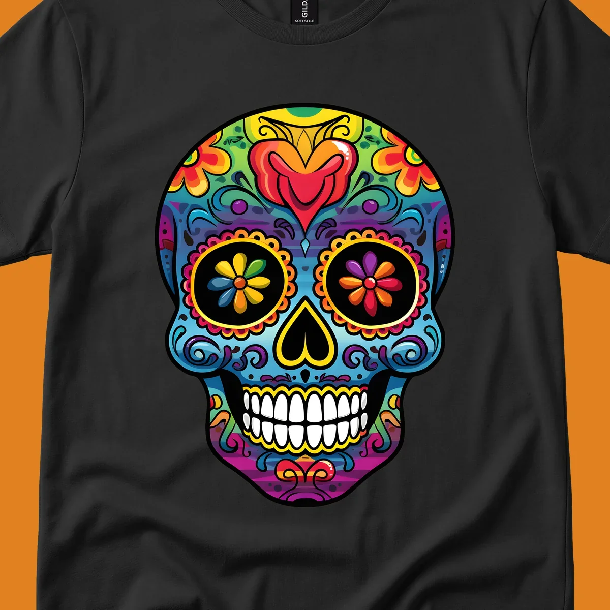 A vibrant floral sugar skull illustration, or calavera, adorned with intricate flowers, hearts, and swirling patterns in a rainbow of bright colors.