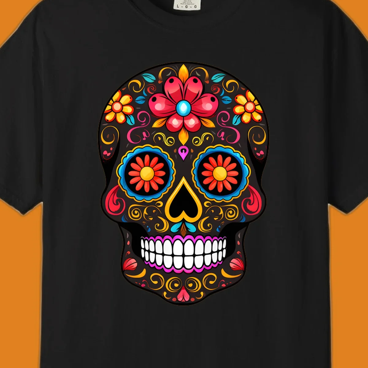 A vibrant floral calavera skull illustration, adorned with colorful flowers and intricate swirls.