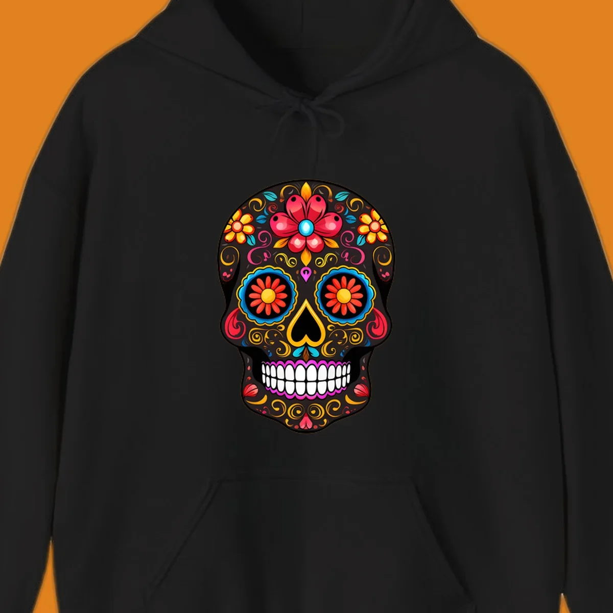 A vibrant floral calavera skull illustration, adorned with colorful flowers and intricate swirls.