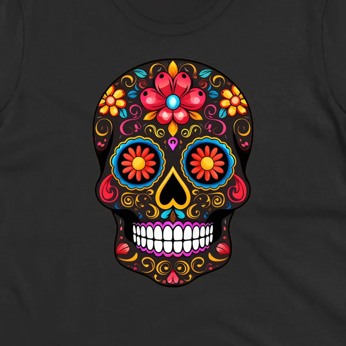 A vibrant floral calavera skull illustration, adorned with colorful flowers and intricate swirls.