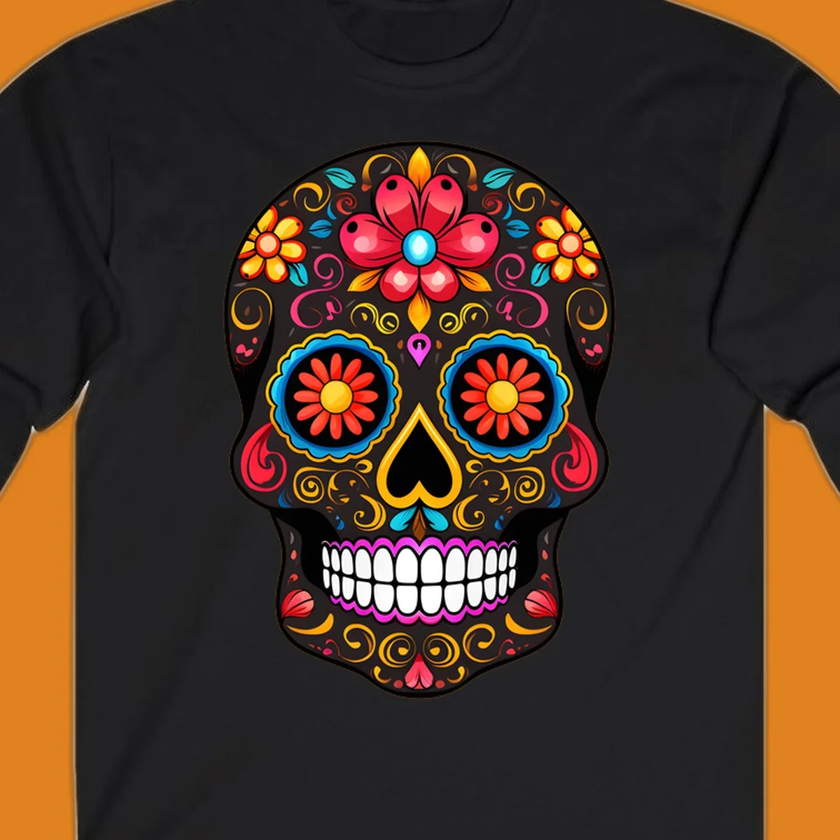A vibrant floral calavera skull illustration, adorned with colorful flowers and intricate swirls.