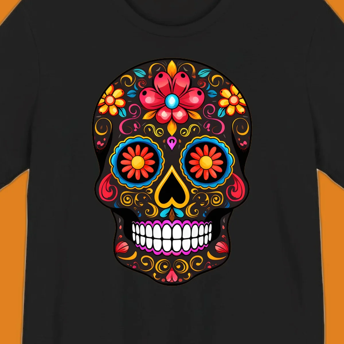 A vibrant floral calavera skull illustration, adorned with colorful flowers and intricate swirls.