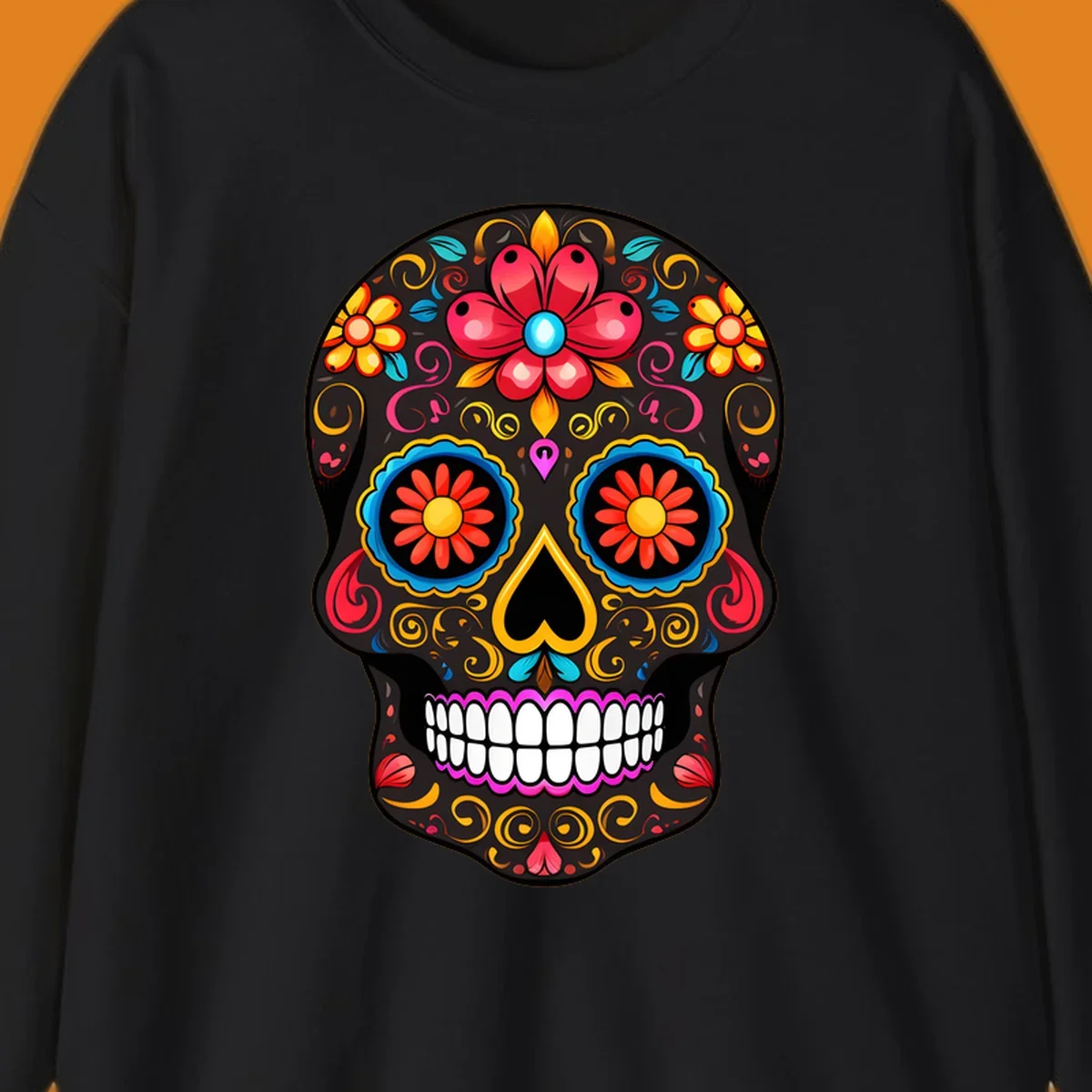 A vibrant floral calavera skull illustration, adorned with colorful flowers and intricate swirls.