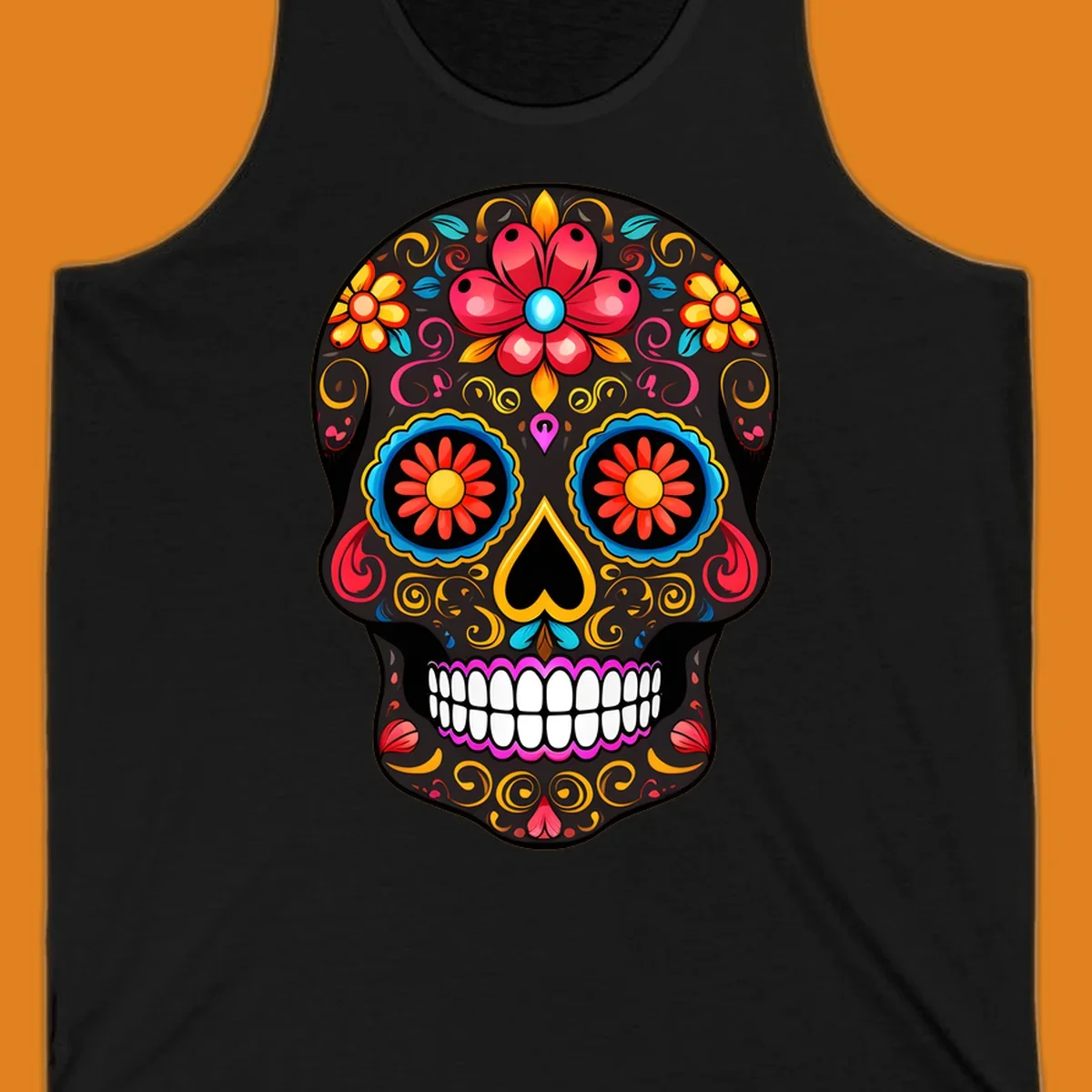 A vibrant floral calavera skull illustration, adorned with colorful flowers and intricate swirls.