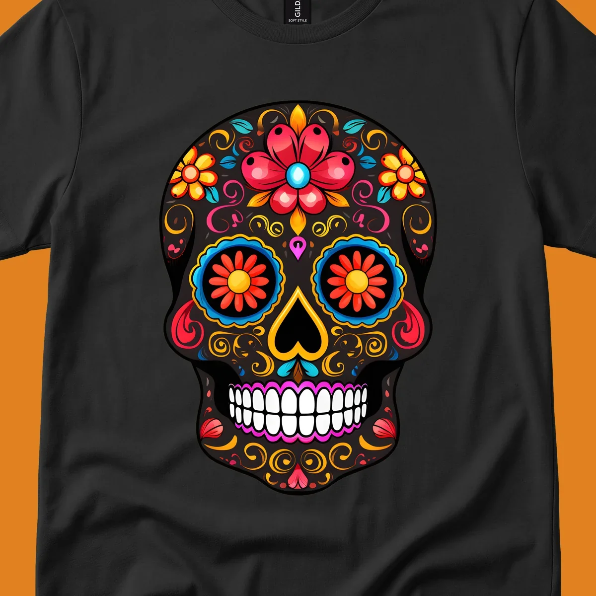A vibrant floral calavera skull illustration, adorned with colorful flowers and intricate swirls.