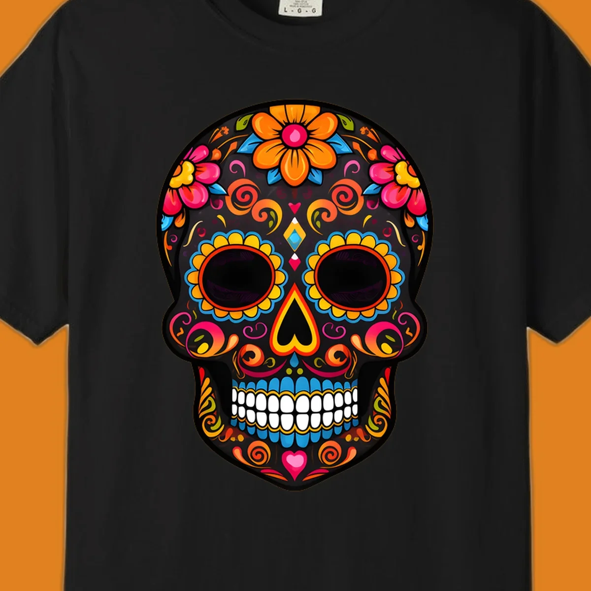 A vibrant floral calavera sugar skull design with large colorful flowers, swirls, and hearts in orange, pink, yellow, blue, and teal.