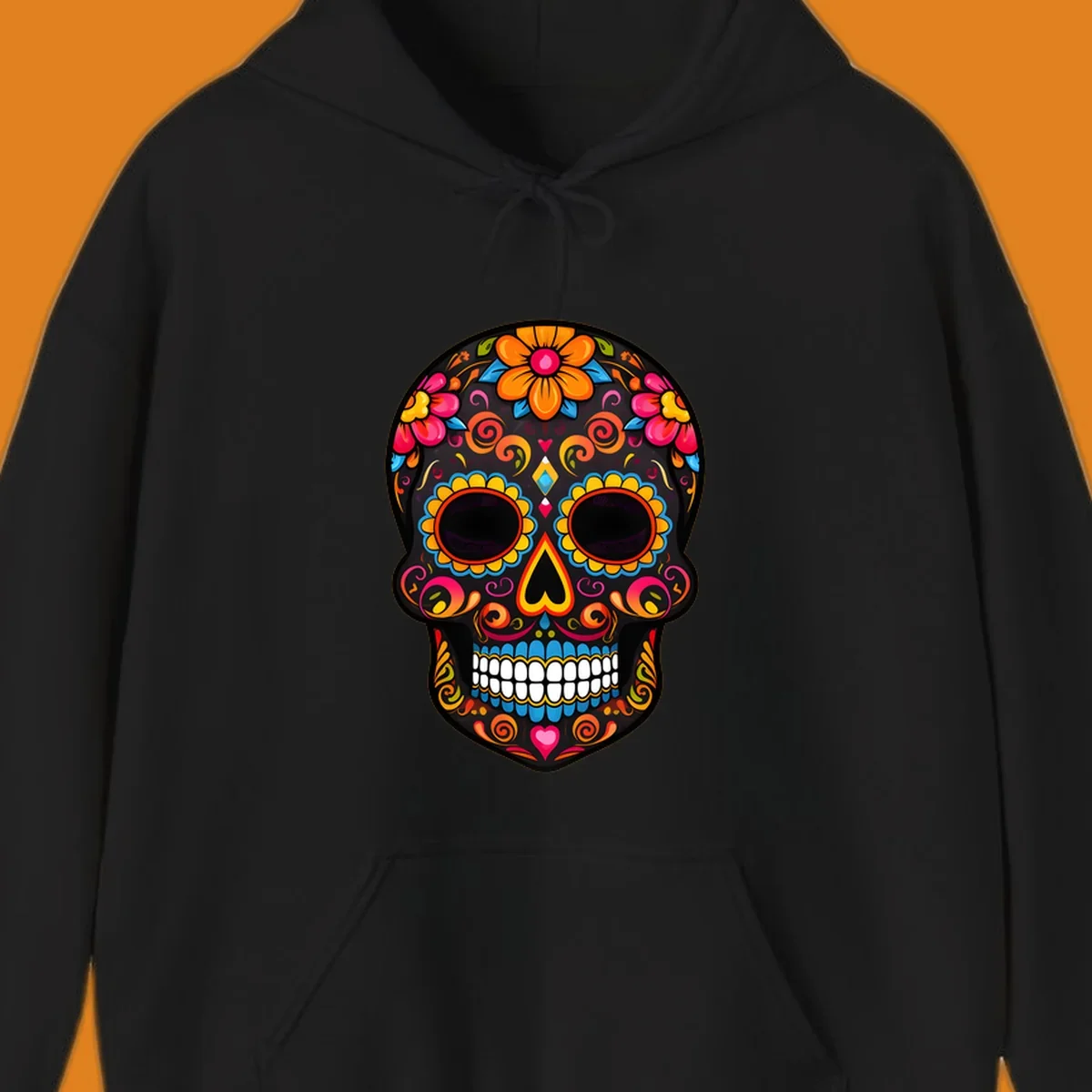 A vibrant floral calavera sugar skull design with large colorful flowers, swirls, and hearts in orange, pink, yellow, blue, and teal.