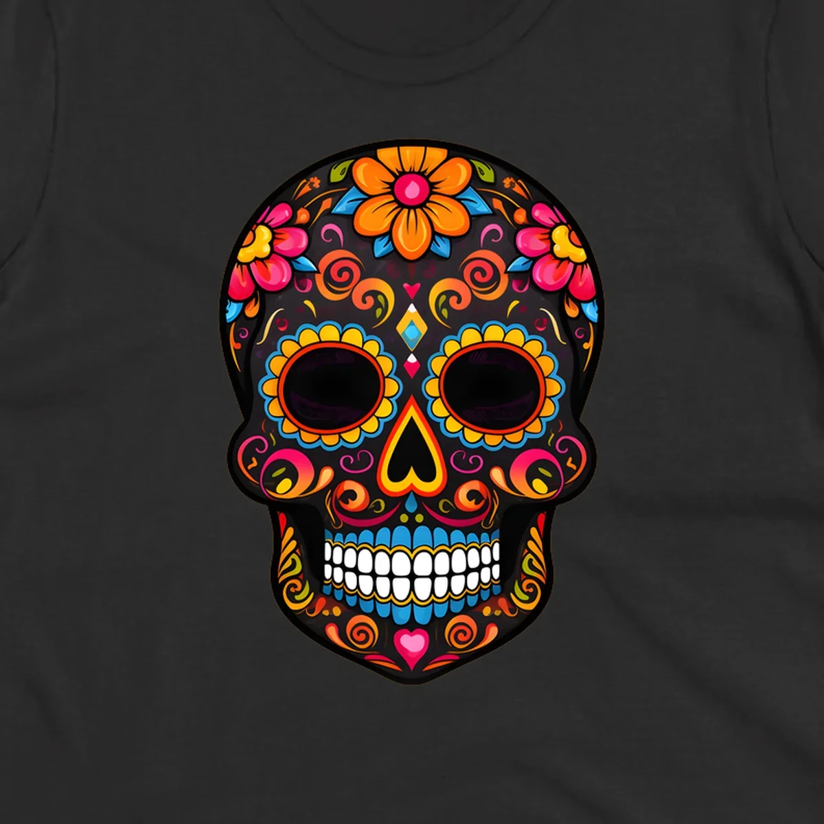 A vibrant floral calavera sugar skull design with large colorful flowers, swirls, and hearts in orange, pink, yellow, blue, and teal.