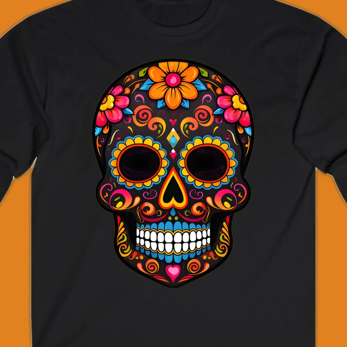 A vibrant floral calavera sugar skull design with large colorful flowers, swirls, and hearts in orange, pink, yellow, blue, and teal.
