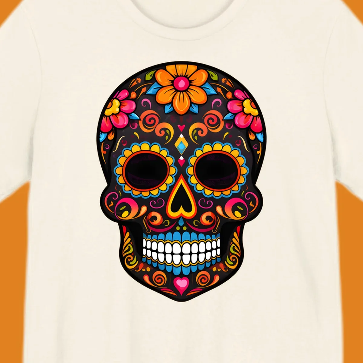 A vibrant floral calavera sugar skull design with large colorful flowers, swirls, and hearts in orange, pink, yellow, blue, and teal.