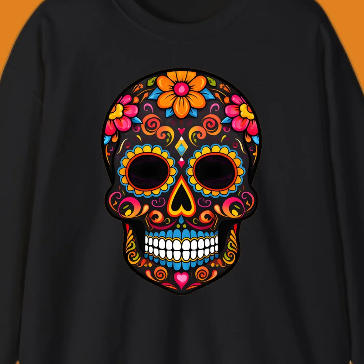 A vibrant floral calavera sugar skull design with large colorful flowers, swirls, and hearts in orange, pink, yellow, blue, and teal.