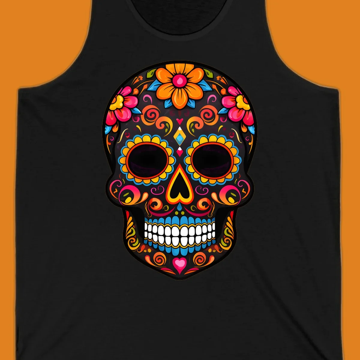 A vibrant floral calavera sugar skull design with large colorful flowers, swirls, and hearts in orange, pink, yellow, blue, and teal.