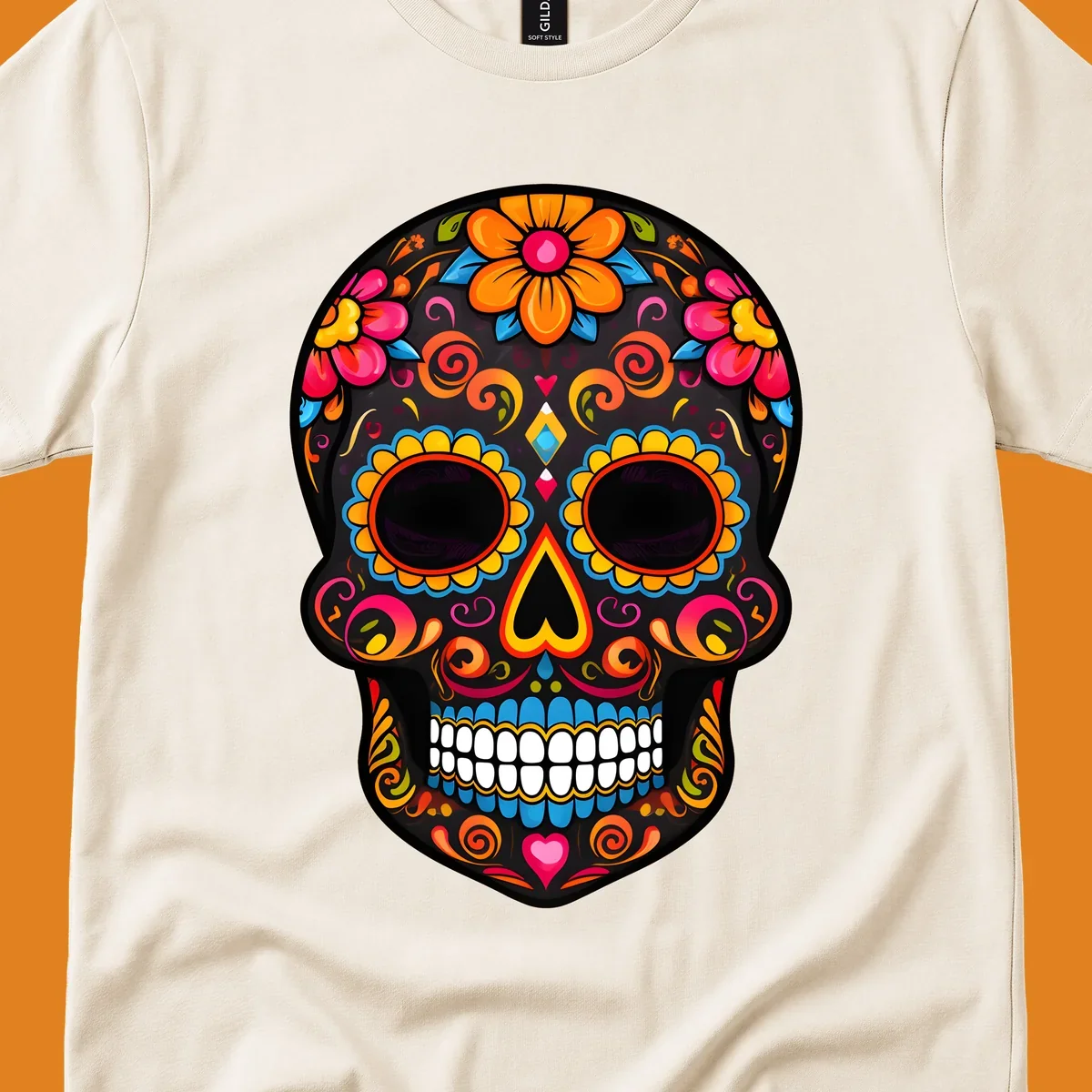 A vibrant floral calavera sugar skull design with large colorful flowers, swirls, and hearts in orange, pink, yellow, blue, and teal.