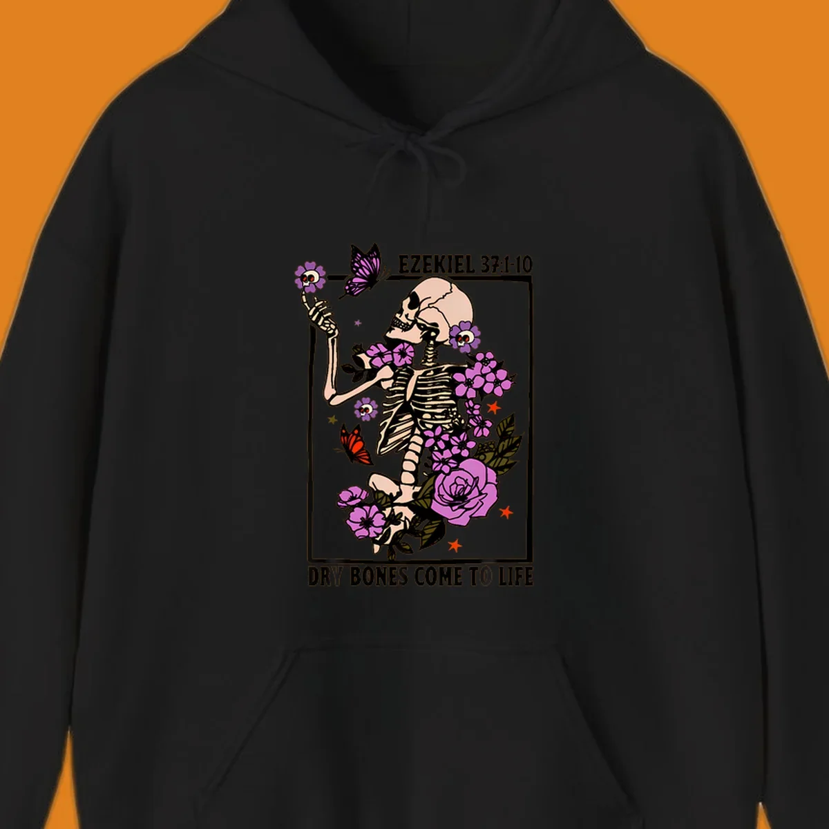 Skeleton surrounded by flowers and butterflies, with text 'Dry Bones Come to Life'.