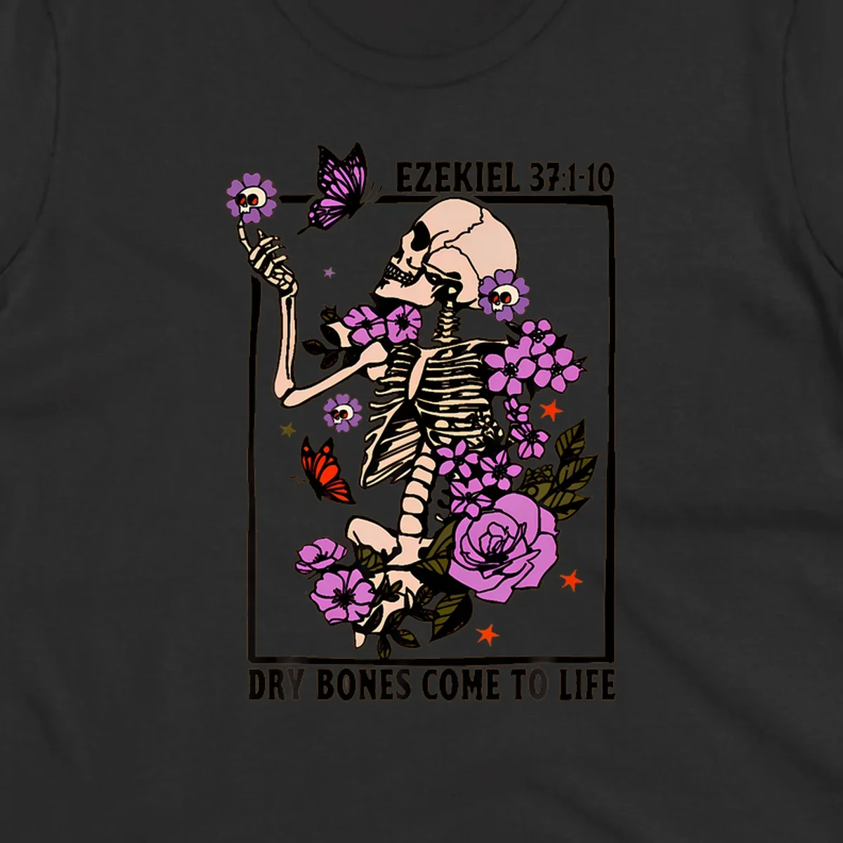 Skeleton surrounded by flowers and butterflies, with text 'Dry Bones Come to Life'.