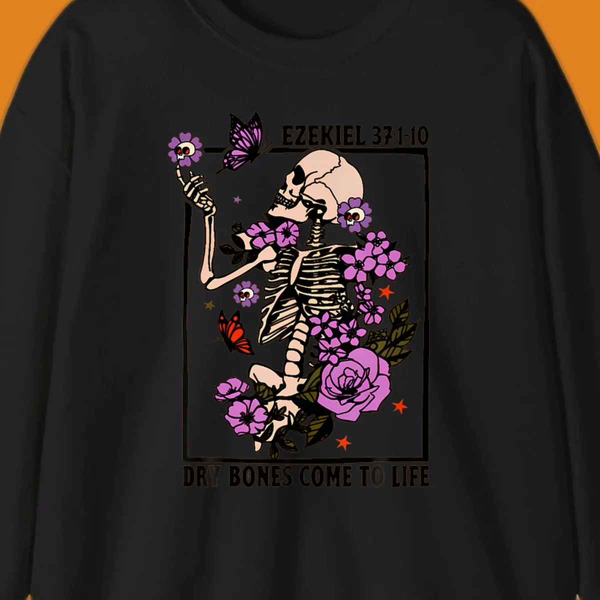 Skeleton surrounded by flowers and butterflies, with text 'Dry Bones Come to Life'.