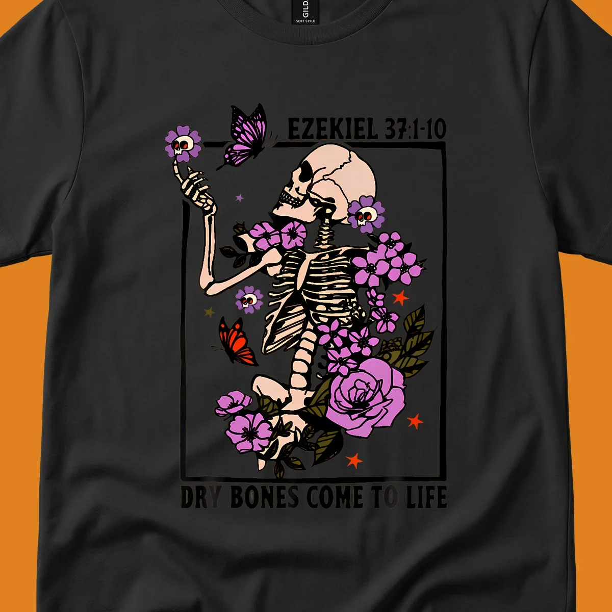 Skeleton surrounded by flowers and butterflies, with text 'Dry Bones Come to Life'.