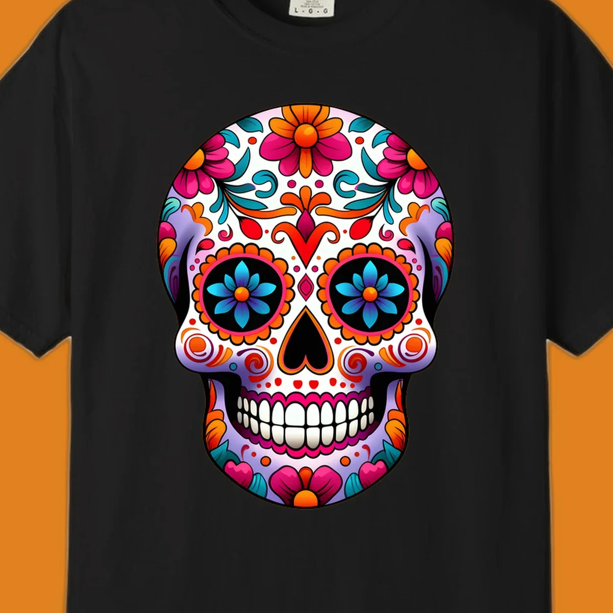 A vibrant floral sugar skull illustration, featuring a purple skull adorned with pink, orange, teal flowers and intricate patterns.