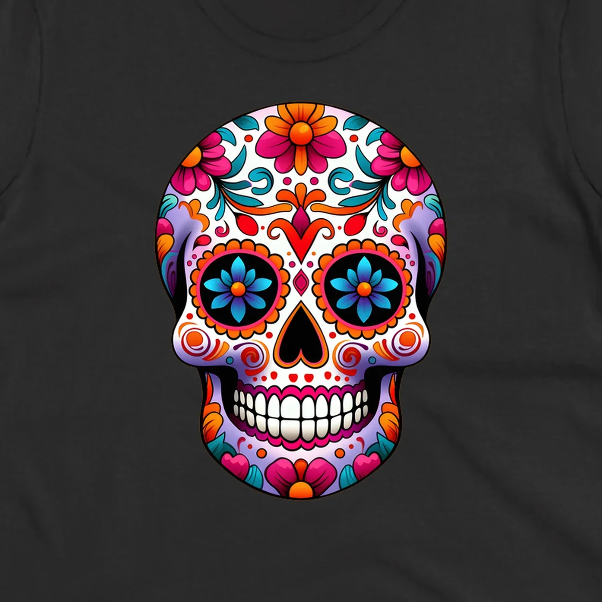 A vibrant floral sugar skull illustration, featuring a purple skull adorned with pink, orange, teal flowers and intricate patterns.