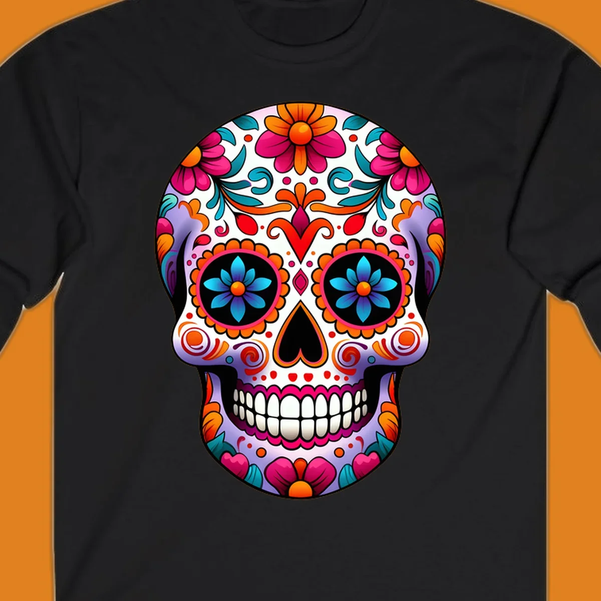 A vibrant floral sugar skull illustration, featuring a purple skull adorned with pink, orange, teal flowers and intricate patterns.