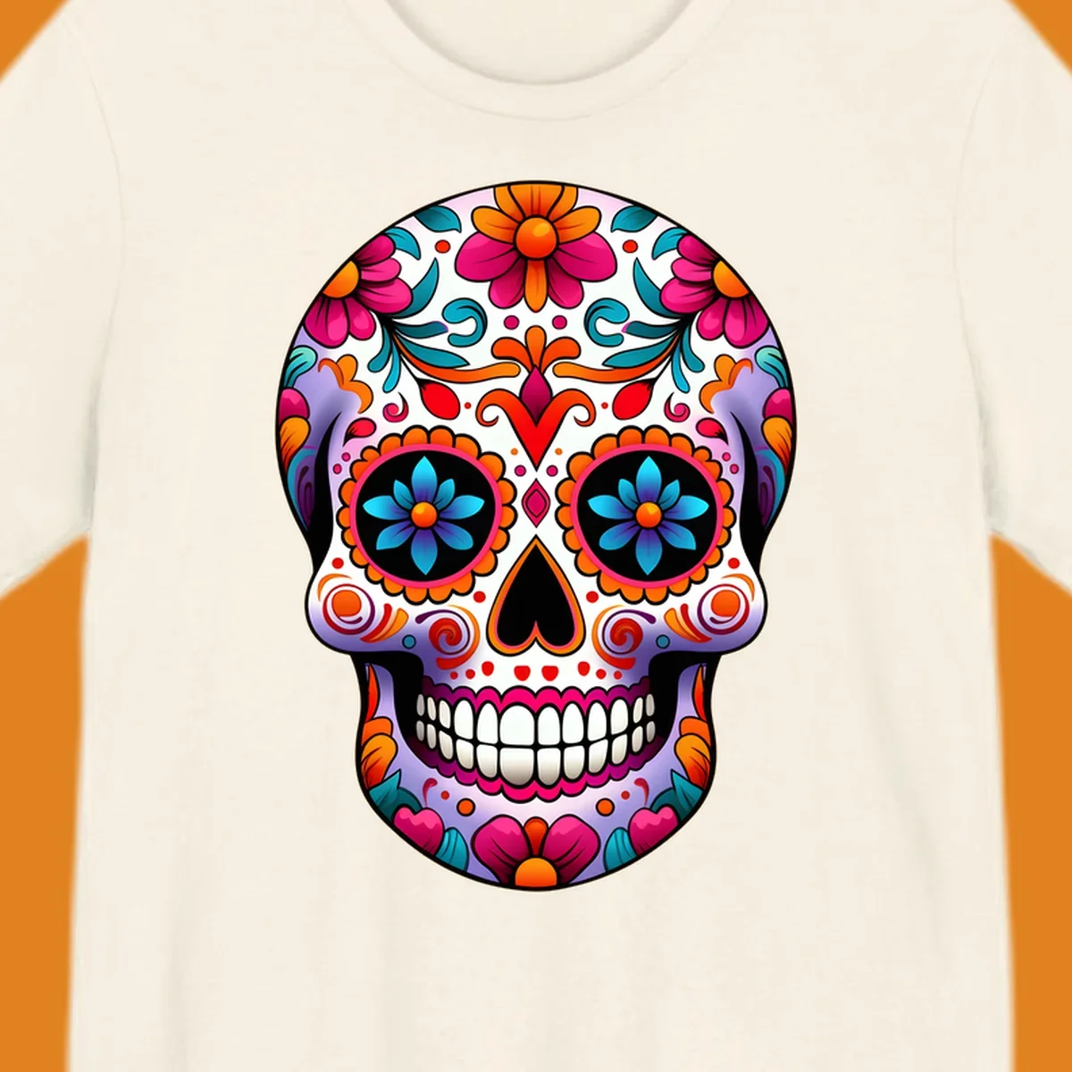 A vibrant floral sugar skull illustration, featuring a purple skull adorned with pink, orange, teal flowers and intricate patterns.