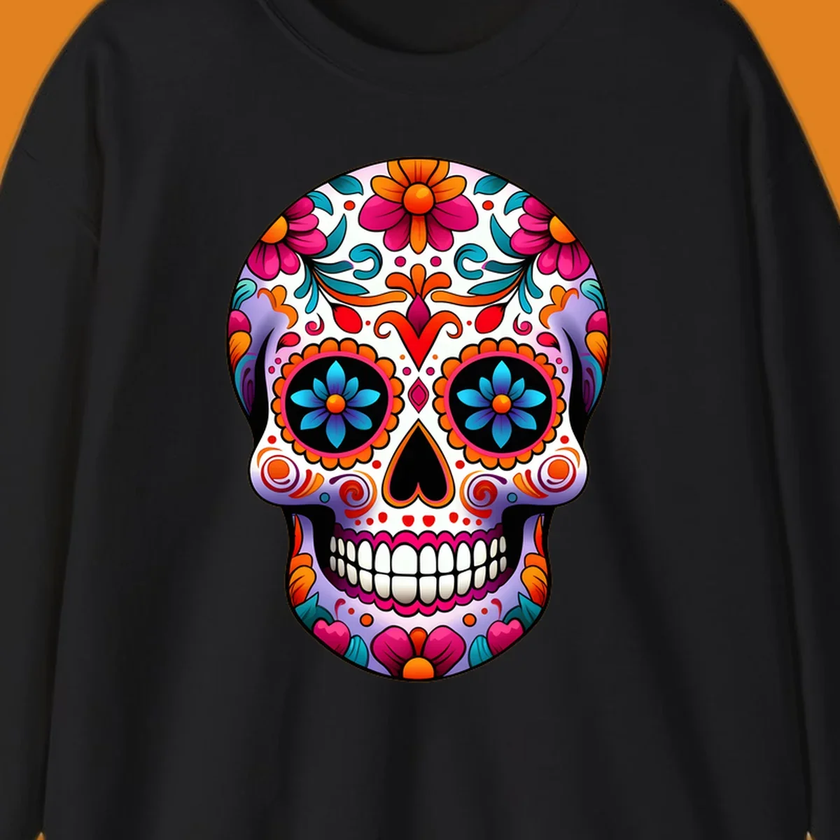 A vibrant floral sugar skull illustration, featuring a purple skull adorned with pink, orange, teal flowers and intricate patterns.