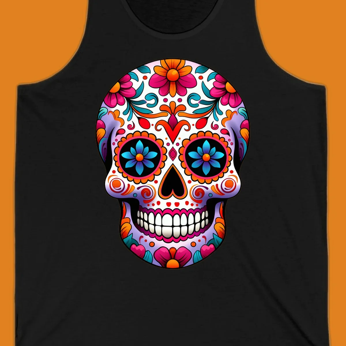 A vibrant floral sugar skull illustration, featuring a purple skull adorned with pink, orange, teal flowers and intricate patterns.