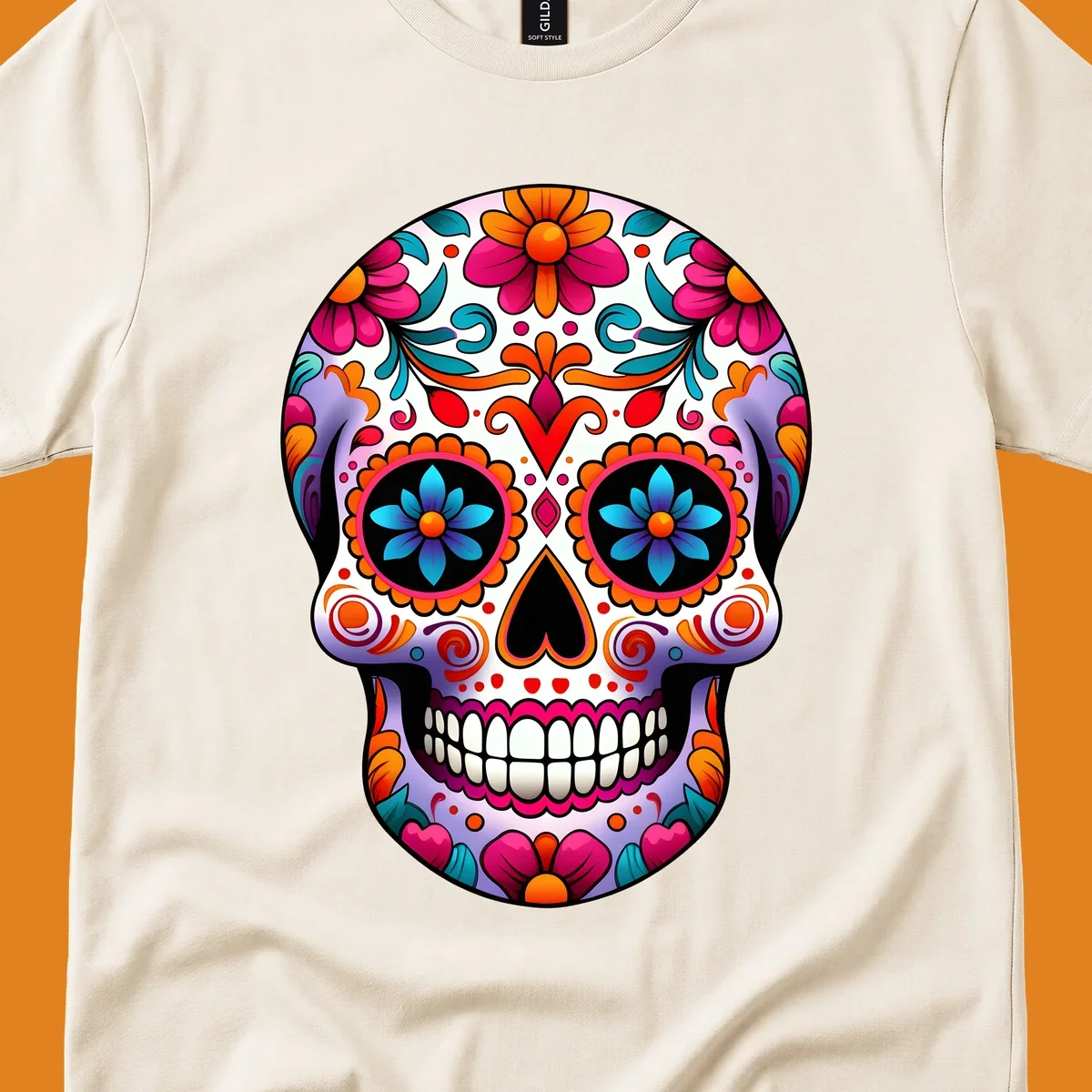 A vibrant floral sugar skull illustration, featuring a purple skull adorned with pink, orange, teal flowers and intricate patterns.