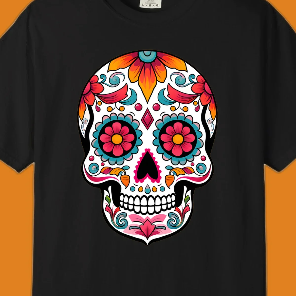 A vibrantly decorated floral sugar skull, or calavera, featuring colorful flowers, swirls, and dotted patterns on a white background.