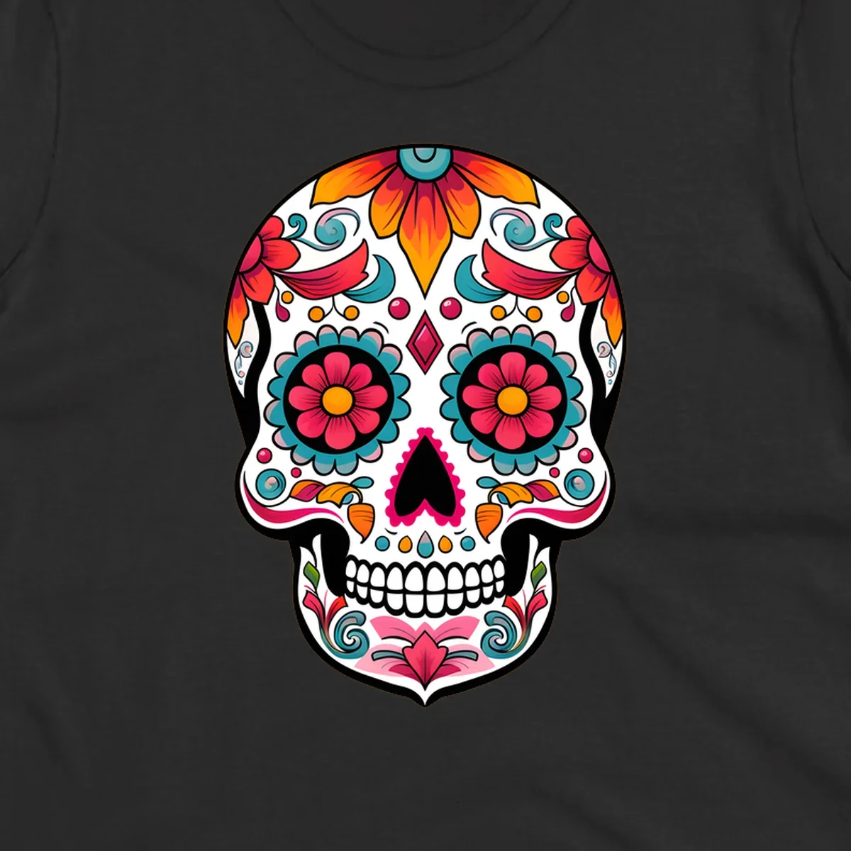 A vibrantly decorated floral sugar skull, or calavera, featuring colorful flowers, swirls, and dotted patterns on a white background.