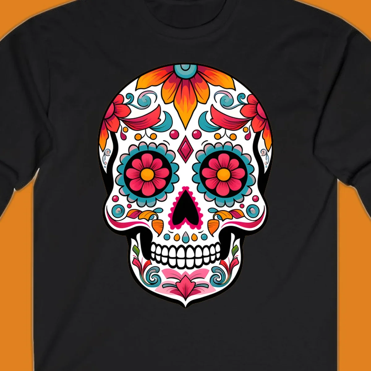 A vibrantly decorated floral sugar skull, or calavera, featuring colorful flowers, swirls, and dotted patterns on a white background.