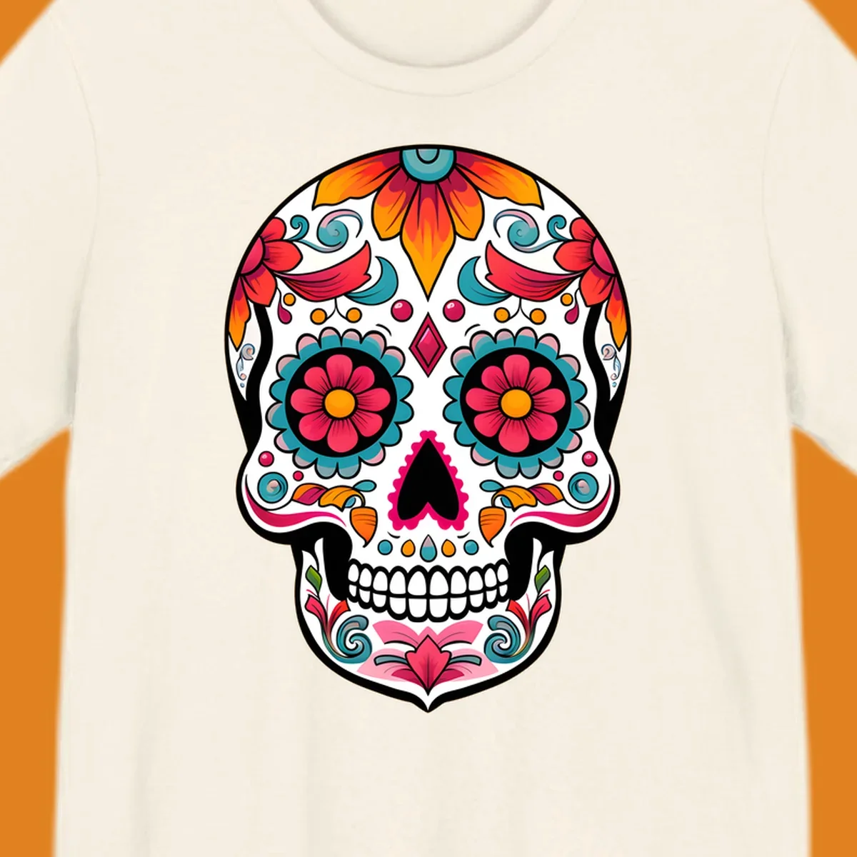 A vibrantly decorated floral sugar skull, or calavera, featuring colorful flowers, swirls, and dotted patterns on a white background.