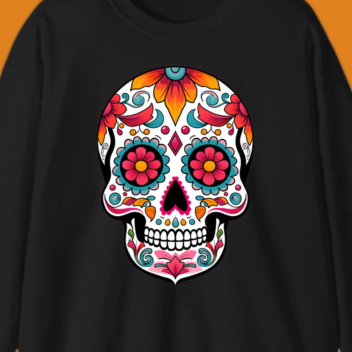 A vibrantly decorated floral sugar skull, or calavera, featuring colorful flowers, swirls, and dotted patterns on a white background.