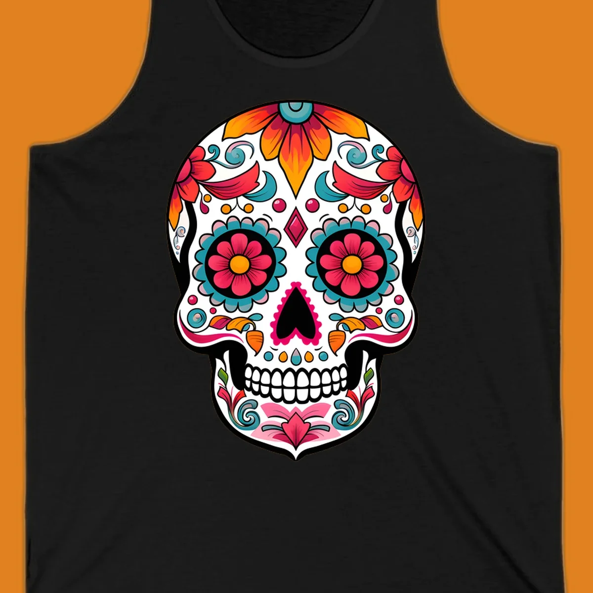 A vibrantly decorated floral sugar skull, or calavera, featuring colorful flowers, swirls, and dotted patterns on a white background.