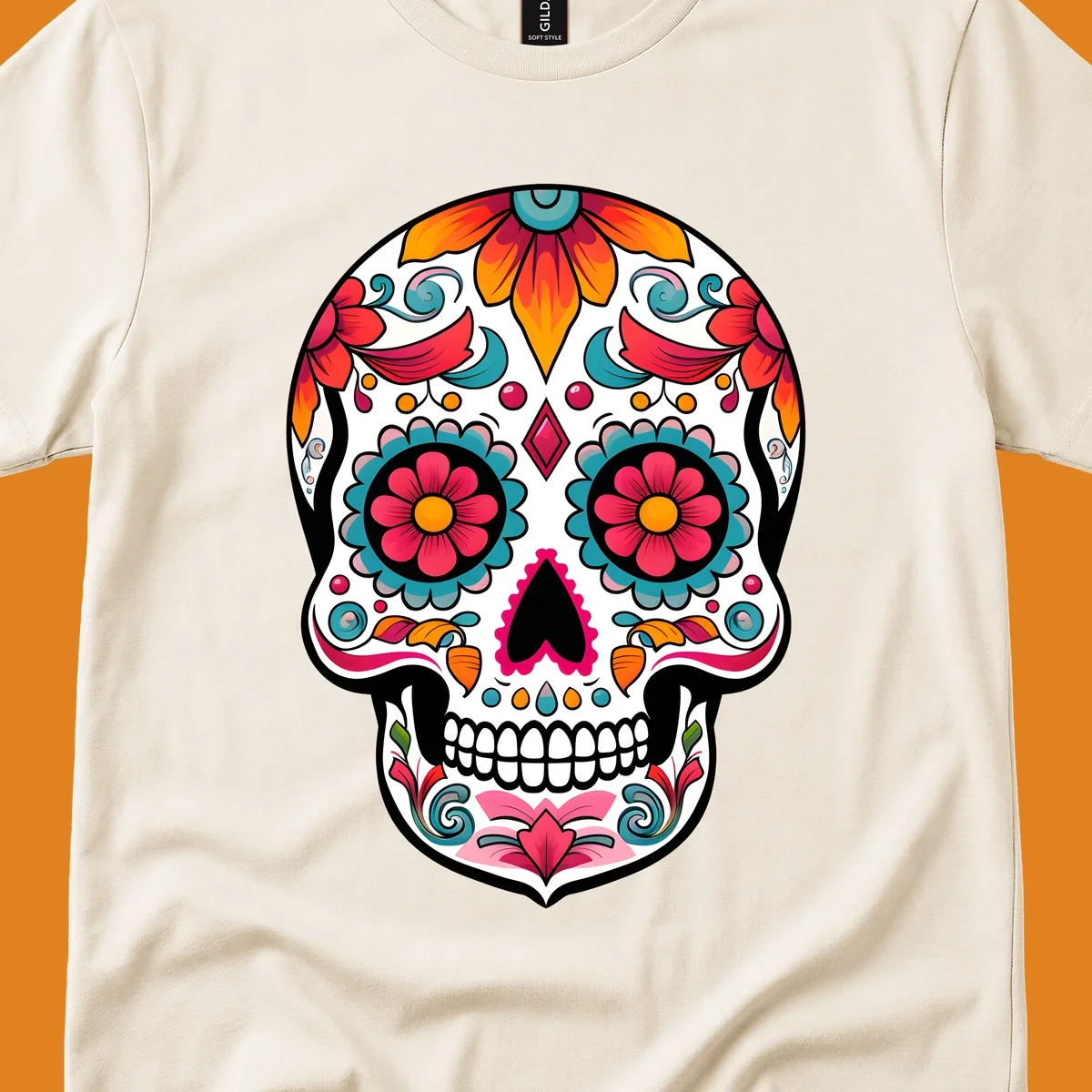 A vibrantly decorated floral sugar skull, or calavera, featuring colorful flowers, swirls, and dotted patterns on a white background.
