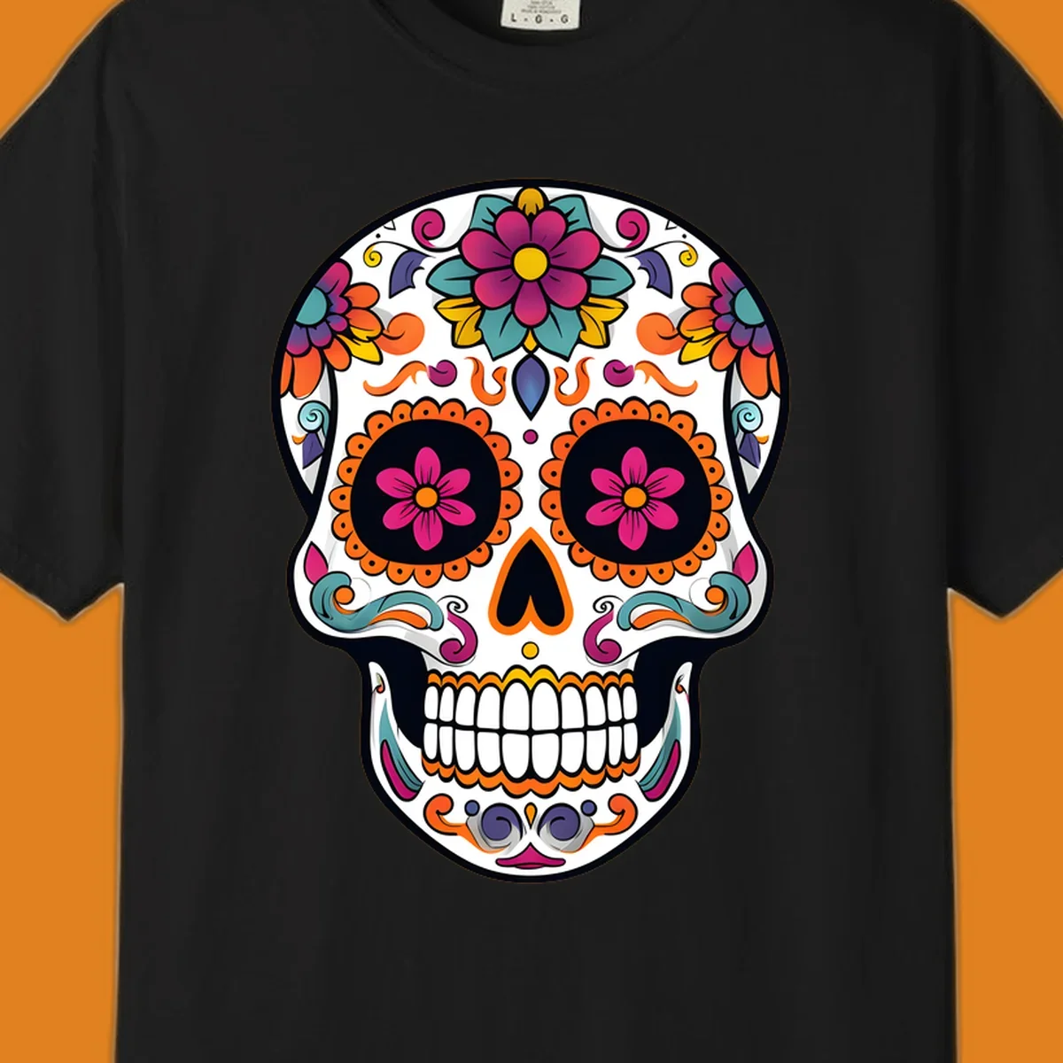 A vibrant floral sugar skull (calavera) illustration with pink and orange flowers, teal leaves, and purple accents.