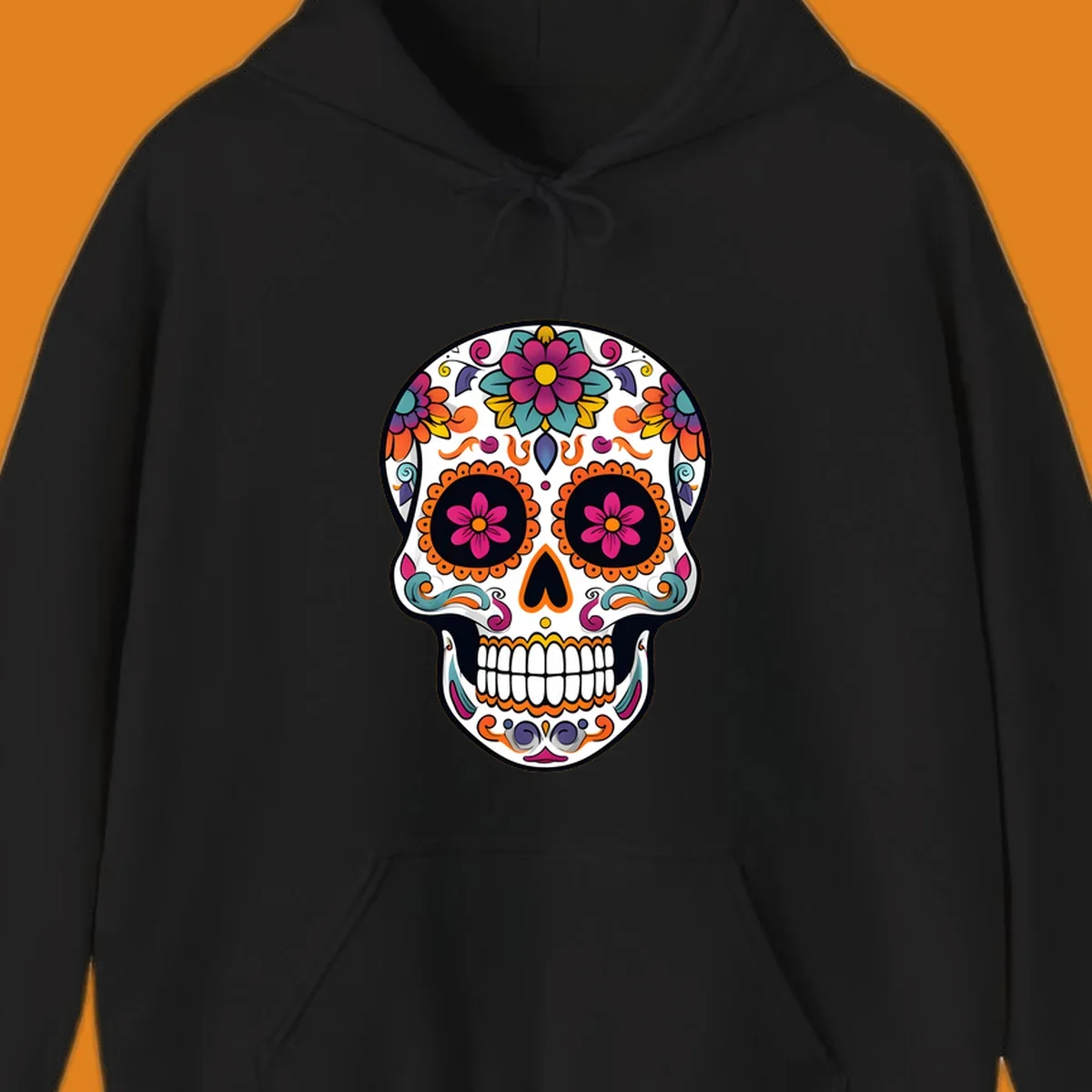 A vibrant floral sugar skull (calavera) illustration with pink and orange flowers, teal leaves, and purple accents.