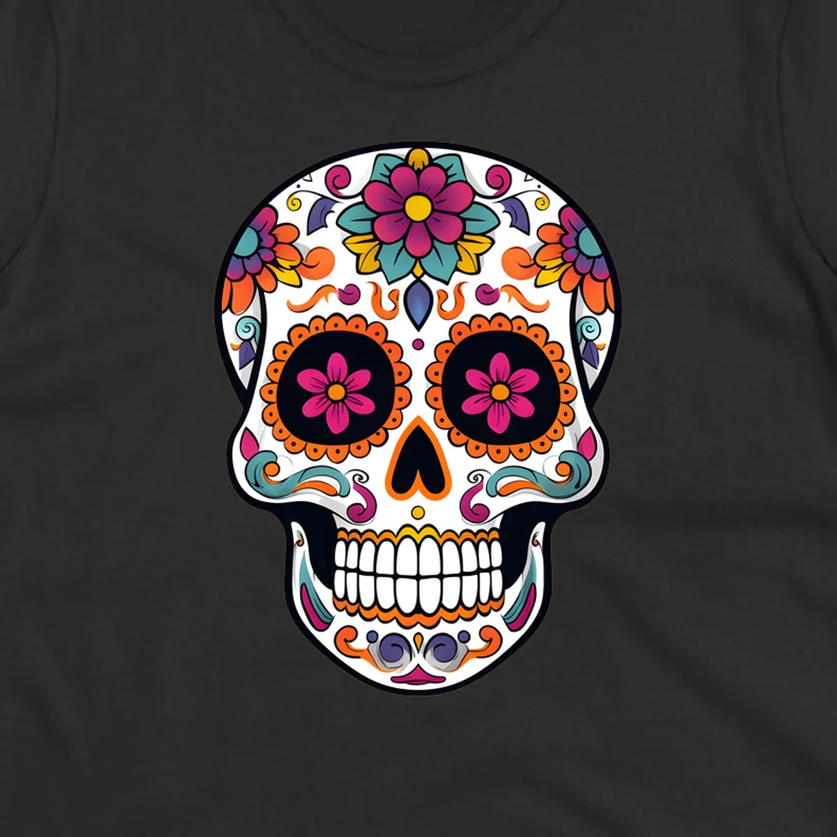 A vibrant floral sugar skull (calavera) illustration with pink and orange flowers, teal leaves, and purple accents.