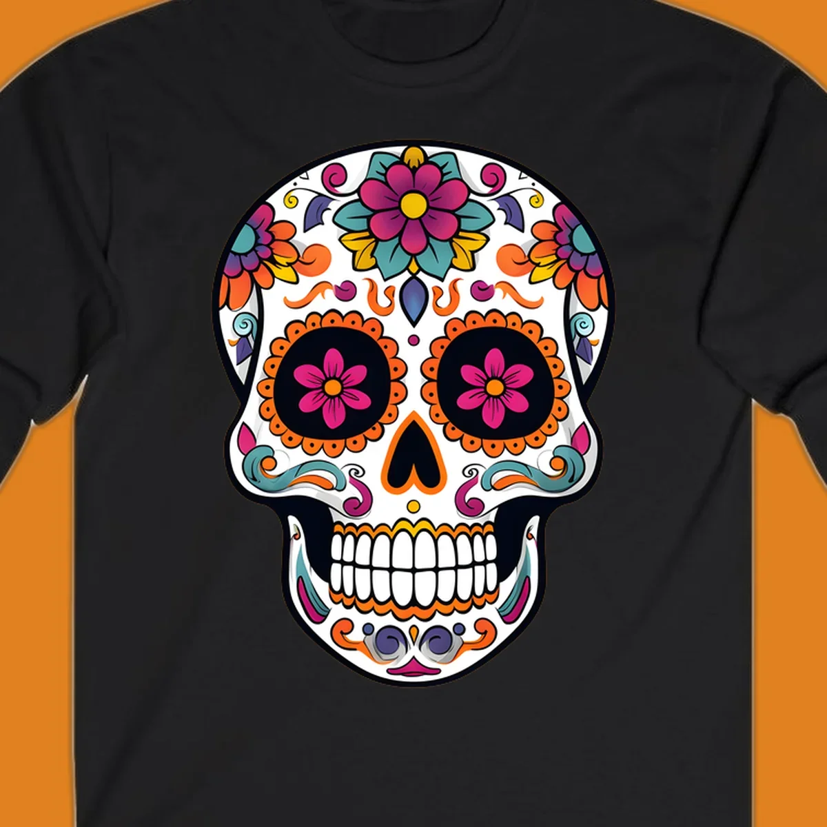 A vibrant floral sugar skull (calavera) illustration with pink and orange flowers, teal leaves, and purple accents.