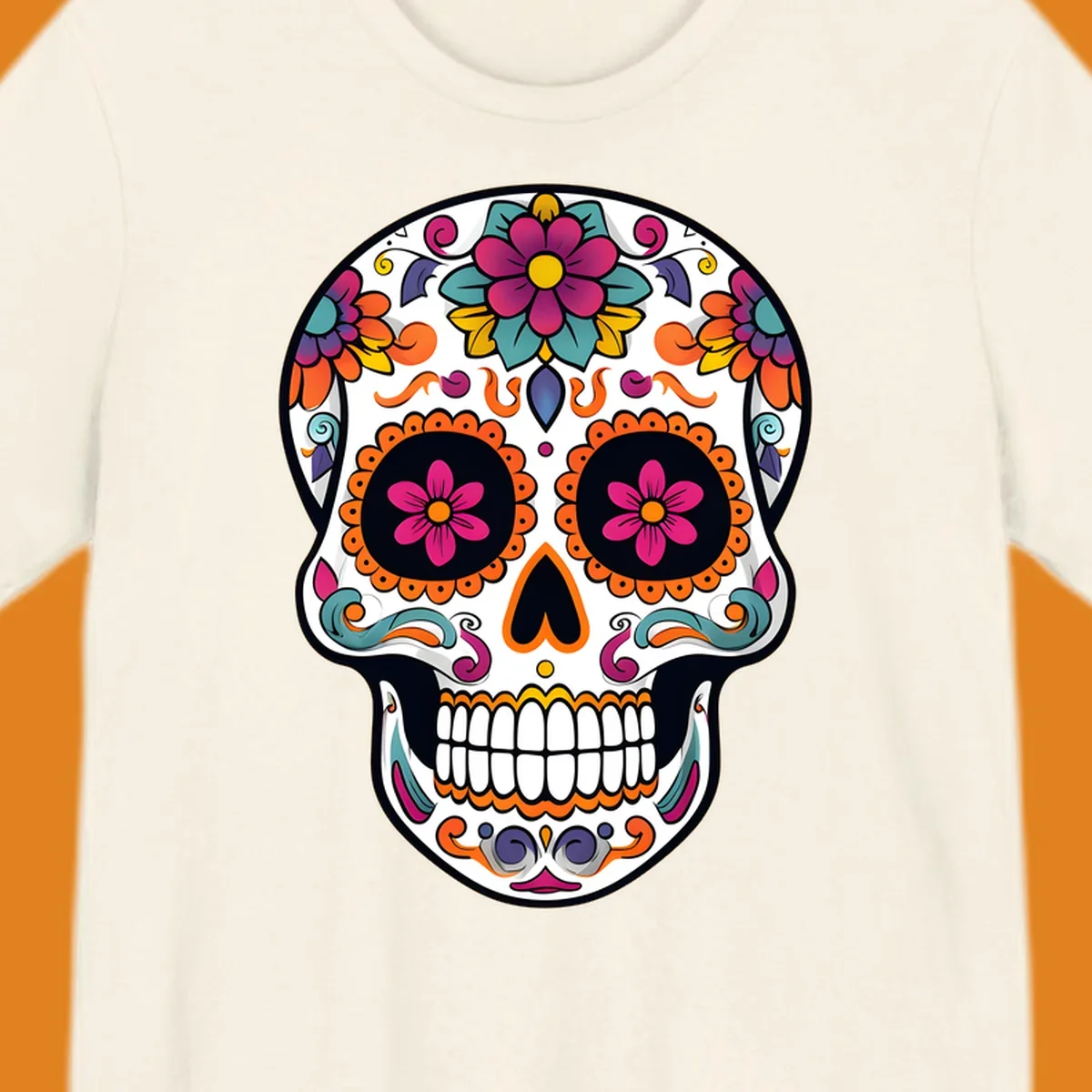 A vibrant floral sugar skull (calavera) illustration with pink and orange flowers, teal leaves, and purple accents.