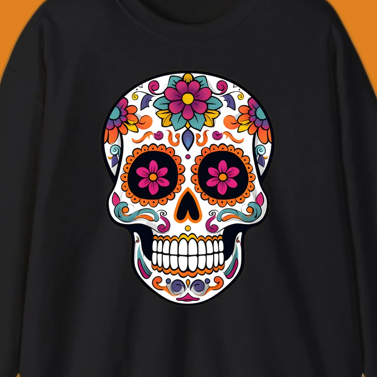 A vibrant floral sugar skull (calavera) illustration with pink and orange flowers, teal leaves, and purple accents.
