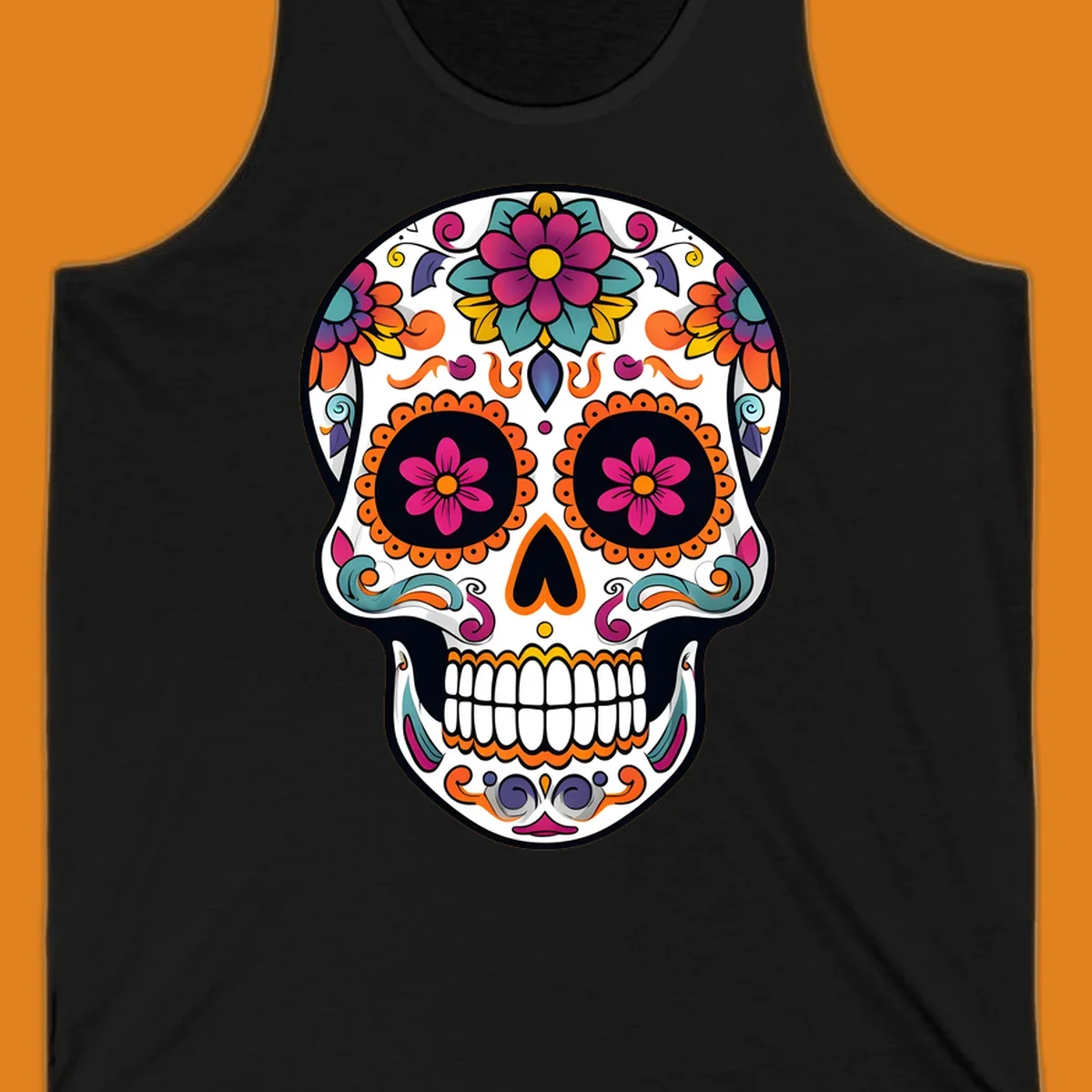 A vibrant floral sugar skull (calavera) illustration with pink and orange flowers, teal leaves, and purple accents.