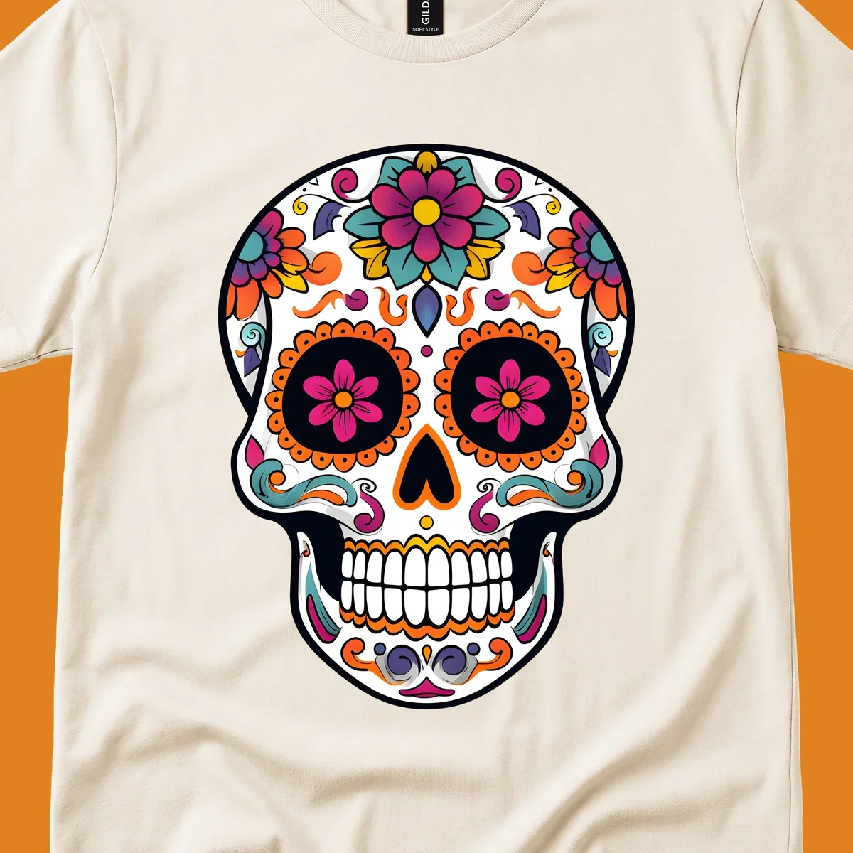 A vibrant floral sugar skull (calavera) illustration with pink and orange flowers, teal leaves, and purple accents.