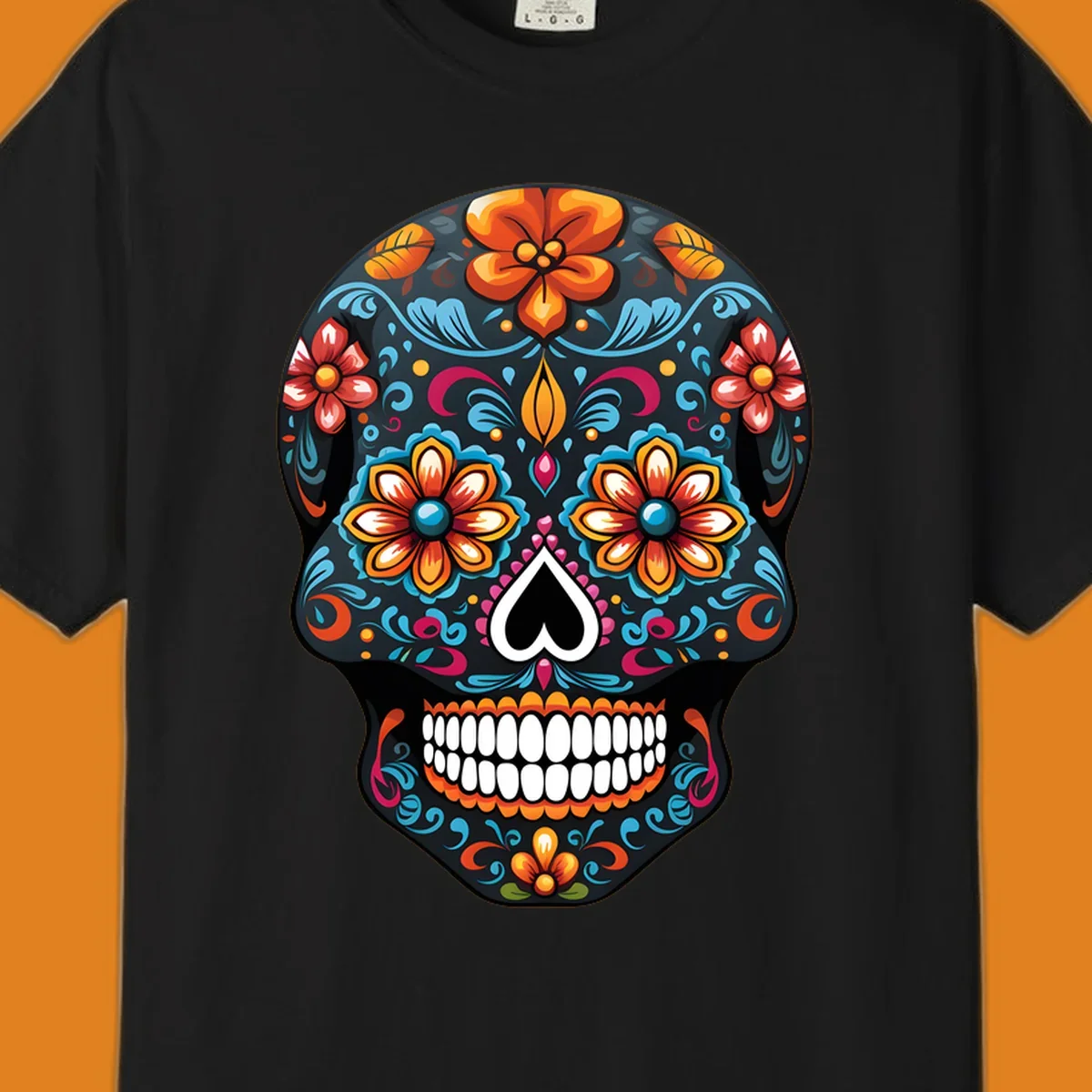 A vibrant calavera sugar skull with intricate floral patterns in orange, blue, red, and yellow, set on a black background.