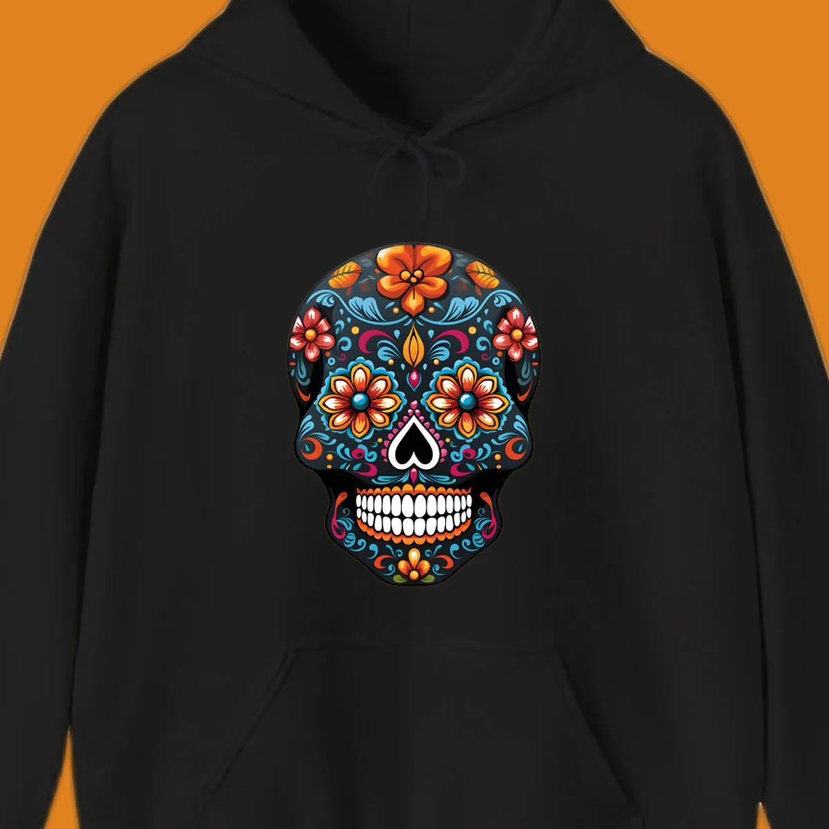 A vibrant calavera sugar skull with intricate floral patterns in orange, blue, red, and yellow, set on a black background.