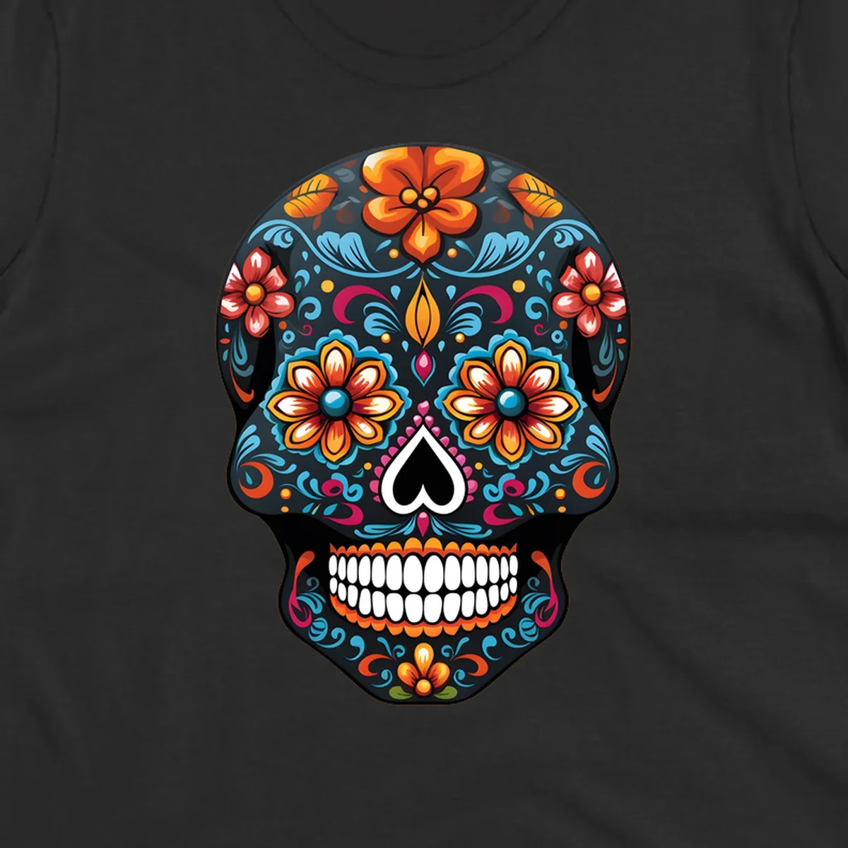 A vibrant calavera sugar skull with intricate floral patterns in orange, blue, red, and yellow, set on a black background.