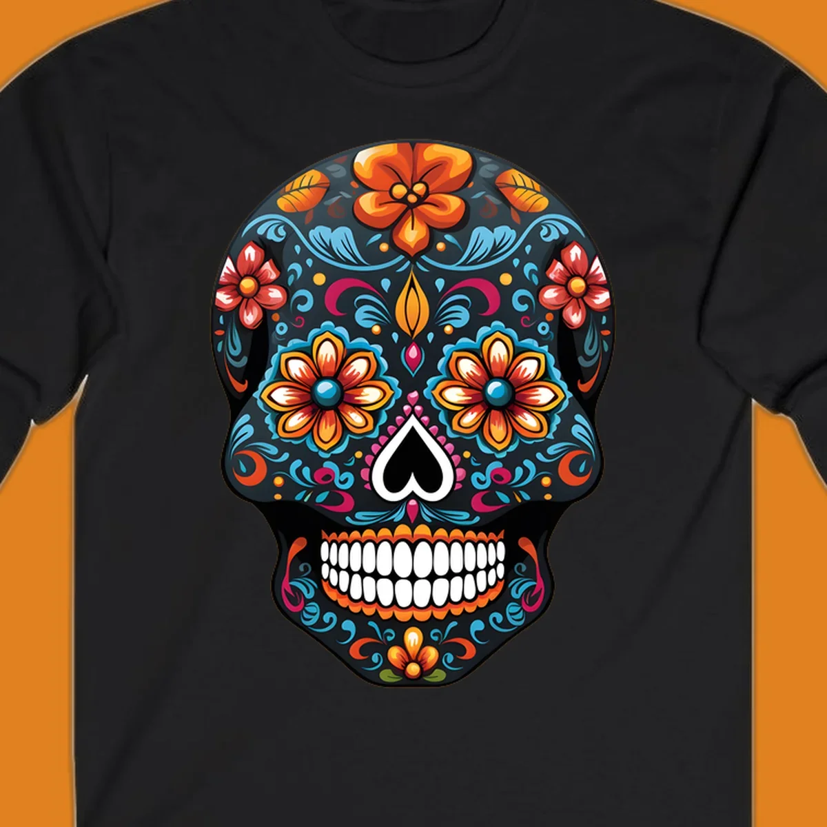 A vibrant calavera sugar skull with intricate floral patterns in orange, blue, red, and yellow, set on a black background.