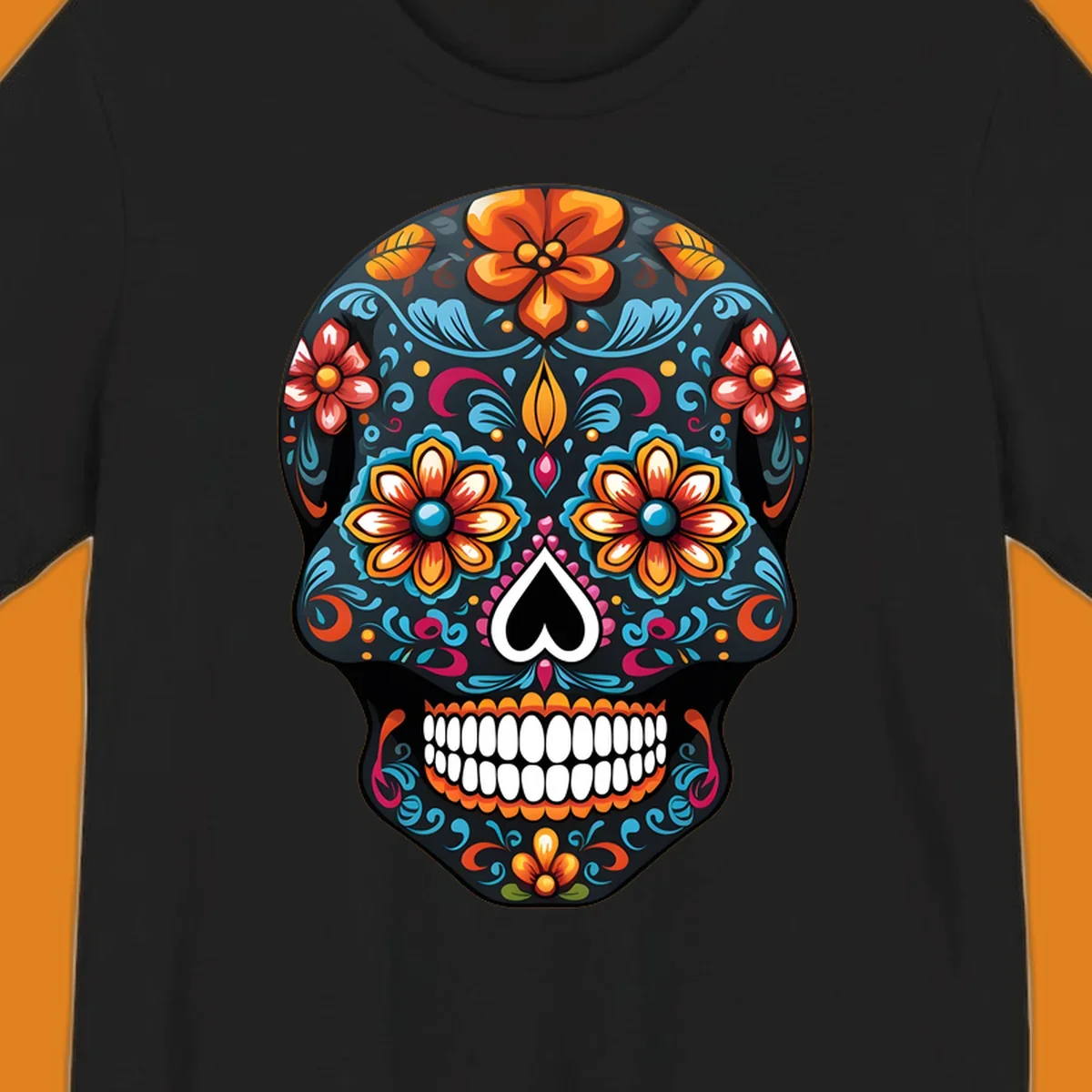 A vibrant calavera sugar skull with intricate floral patterns in orange, blue, red, and yellow, set on a black background.